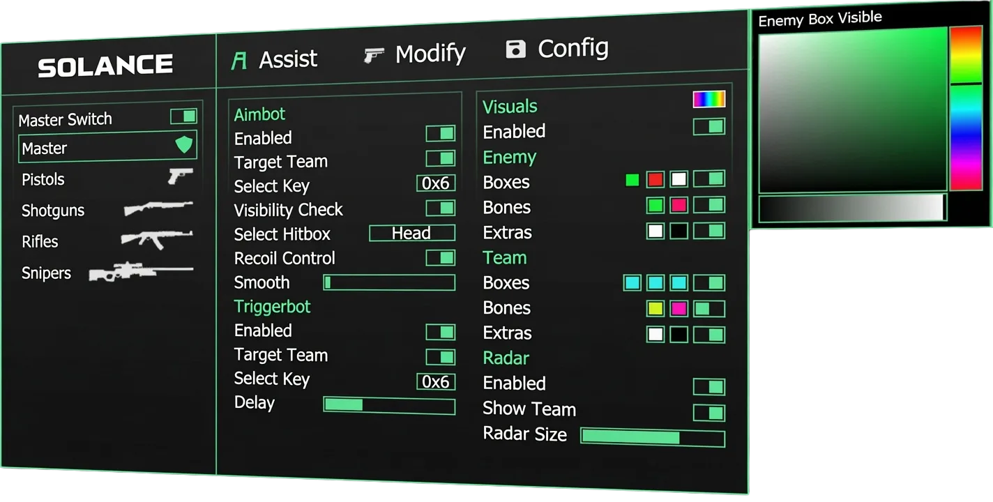 Solance Counter-Strike 2 in-game overlay showing aimbot, ESP and radar